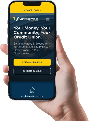 A mockup graphic of the Vantage West website on a mobile phone