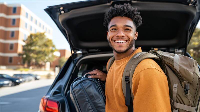 College student wearing yellow shirt is unloading suitcase from car.